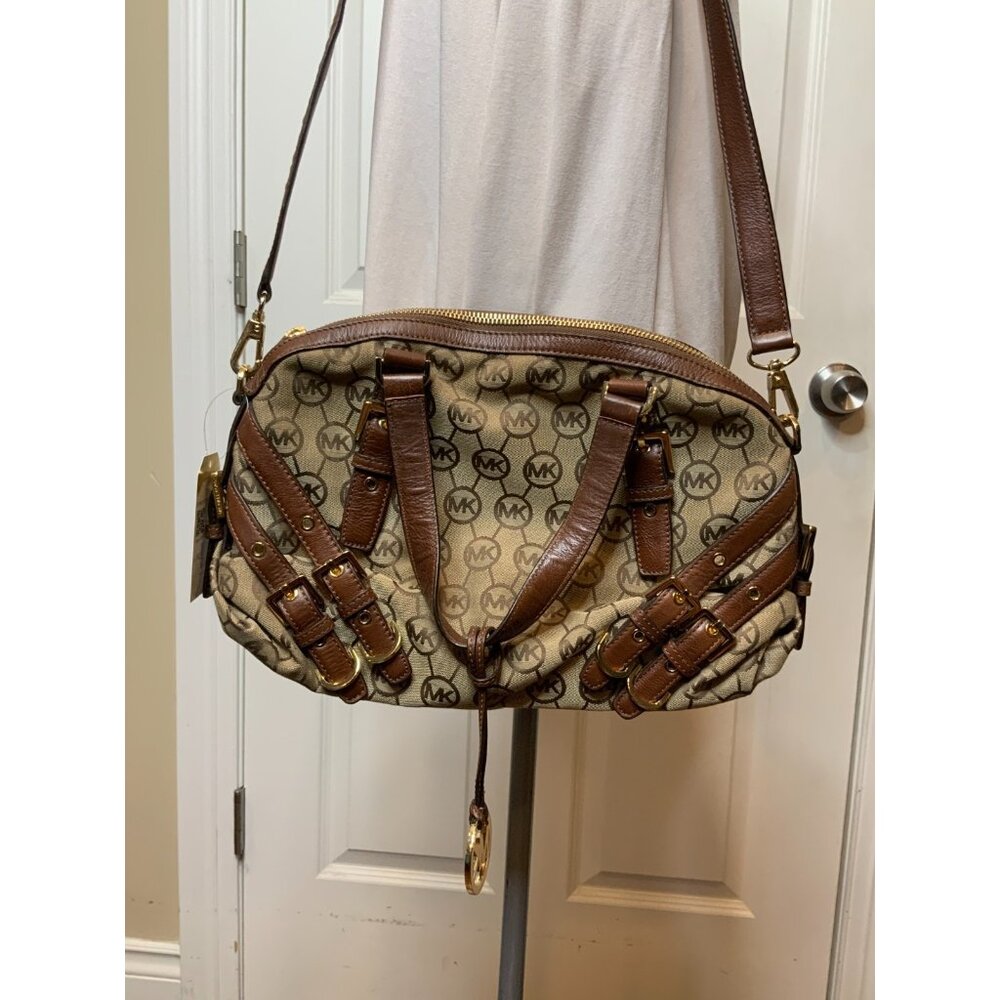 Michael Kors Brown Fabric Signature Monogram Satchel Bag Purse